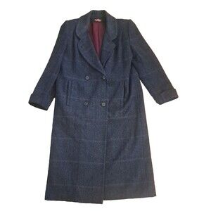 Womens Vintage Alorna Overcoat Wool Blend Gray Plaid Long Lined Preppy Large